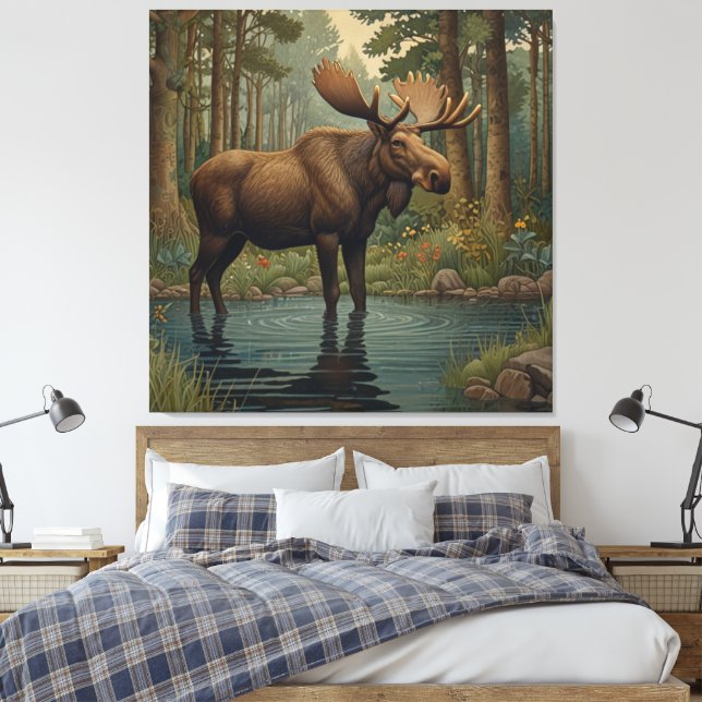 Rustic moose boho woodland forest trees greenery  canvas print (Insitu(Bedroom))