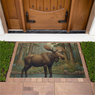 Rustic moose boho woodland woods forest greenery doormat