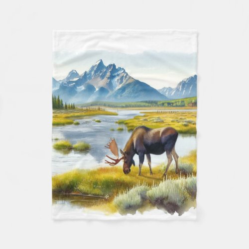 Rustic Moose Cabin Style Watercolor  Fleece Blanket