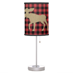 Rustic Moose Checkered Log Cabin Lodge Table Lamp