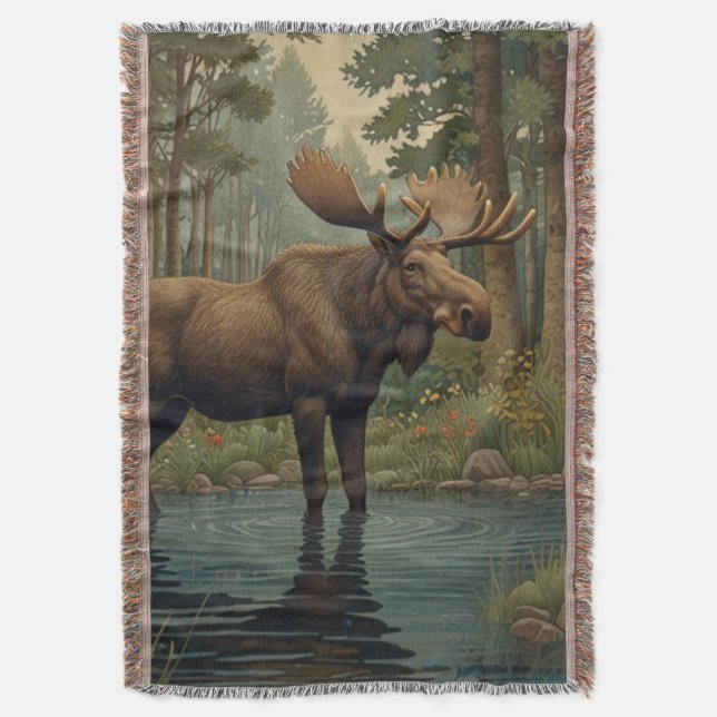 Rustic moose deer boho woodland forest greenery  throw blanket (Front Vertical)