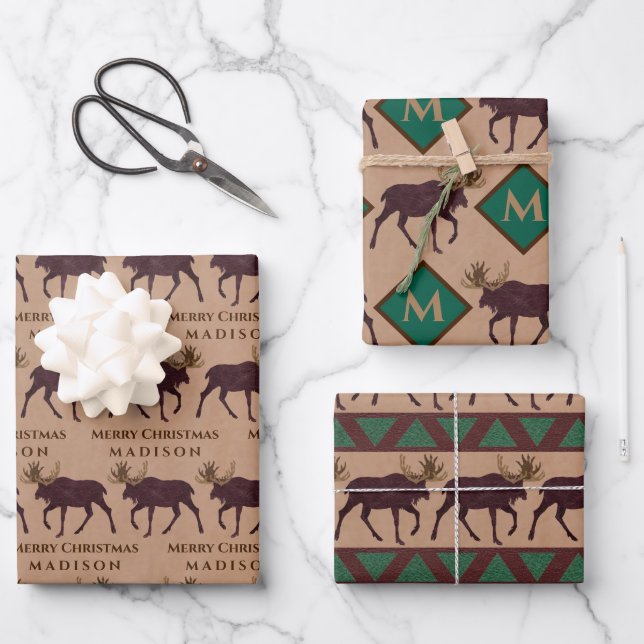 Rustic Moose Faux Leather Animal Assortment Cute Wrapping Paper Sheets (Front)