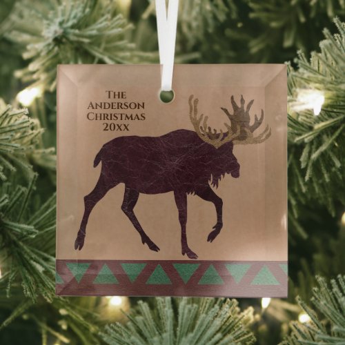 Rustic Moose Faux Leather Cute Family Christmas Glass Ornament