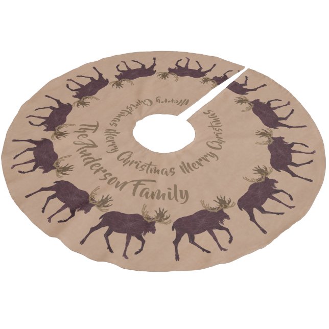 Rustic Moose Faux Leather Personalized Holiday Brushed Polyester Tree Skirt (Angled)