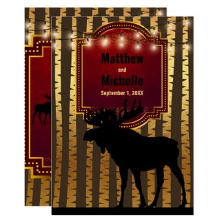 Rustic Moose, Gold Aspen Trees and Lights Wedding Invitation