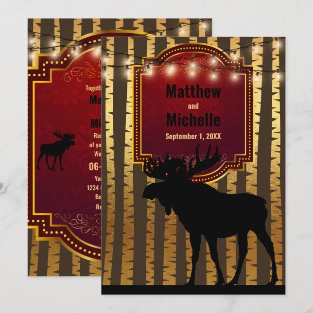 Rustic Moose, Gold Aspen Trees and Lights Wedding Invitation (Front/Back)