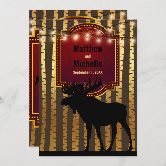 Rustic Moose, Gold Aspen Trees and Lights Wedding Invitation (Front/Back)