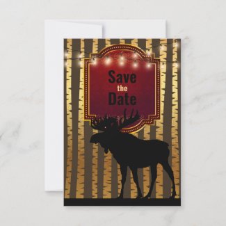 Rustic Moose, Gold Aspen Trees and Lights Wedding Save The Date