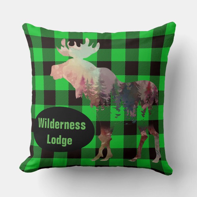 Rustic Moose Green Plaid Add Name Throw Pillow (Front)
