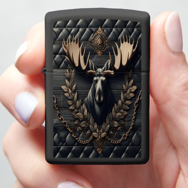 Rustic Moose Leather Art with Forest Glow Zippo Lighter (In Hand)