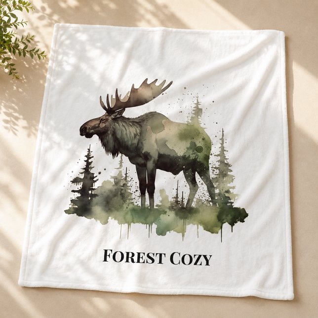 Rustic Moose Lodge Decor Forest Cozy Aesthetic Fleece Blanket (Creator Uploaded)