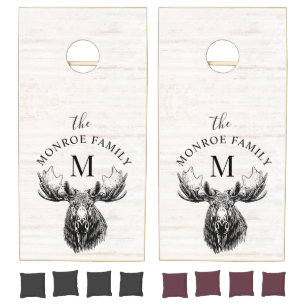 Rustic Moose On Wood Grain Monogram Name  Cornhole Set