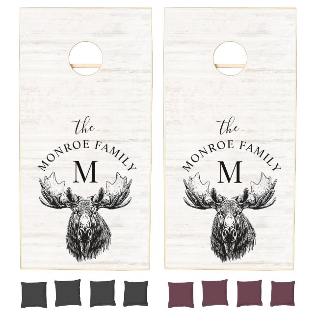 Rustic Moose On Wood Grain Monogram Name  Cornhole Set (Set)