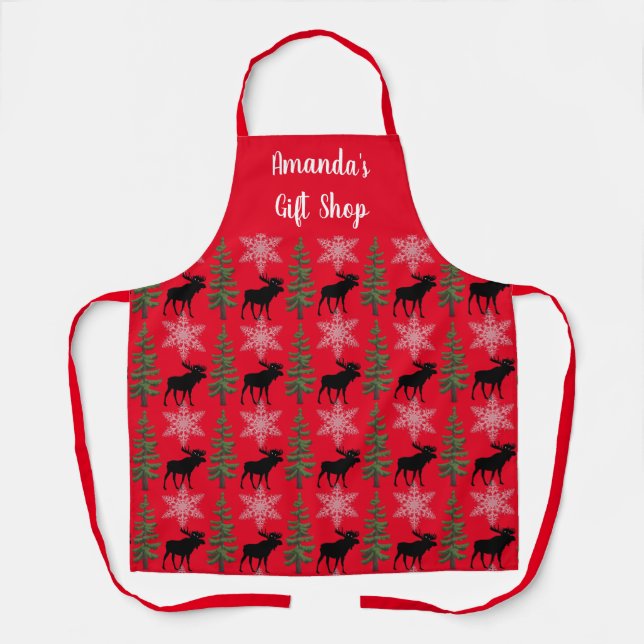 Rustic Moose Pattern on Red Personalized  Apron (Front)