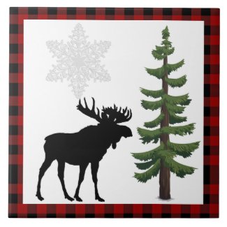 Rustic Moose Pine Tree Red Plaid Decorative 