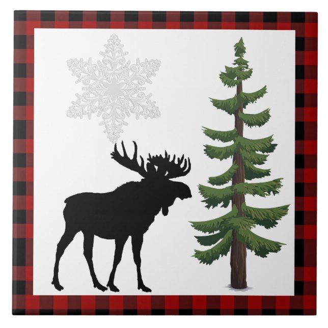 Rustic Moose Pine Tree Red Plaid Decorative  Ceramic Tile (Front)