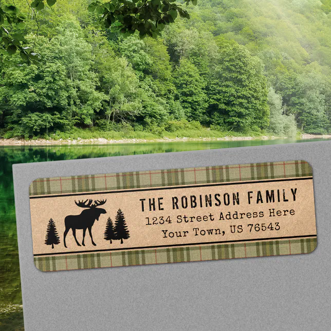 Rustic Moose Pine Trees Green Plaid Kraft Address Label | Zazzle