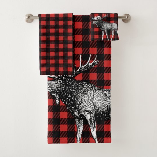 Rustic Moose Red & Black Buffalo Check Plaid Bath Towel Set