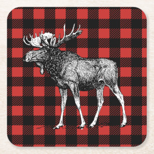 Rustic Moose Red & Black Buffalo Check Plaid Square Paper Coaster