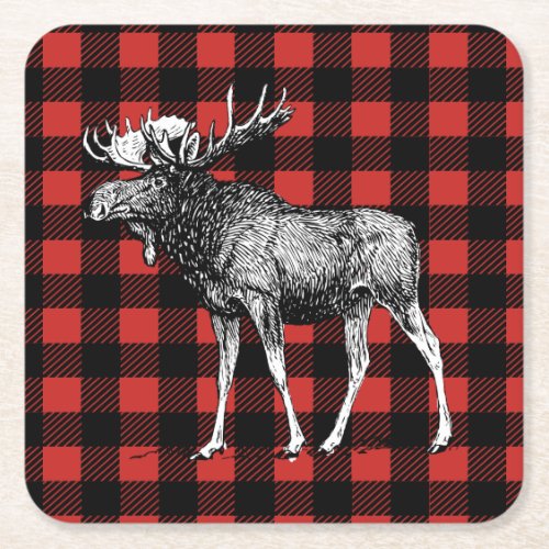 Rustic Moose Red  Black Buffalo Check Plaid Square Paper Coaster