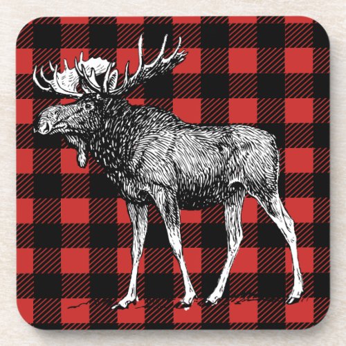 Rustic Moose Red  Black Buffalo Plaid Man Cave Drink Coaster