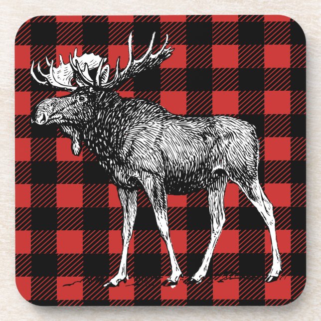 Rustic Moose Red & Black Buffalo Plaid Man Cave Drink Coaster (Front)