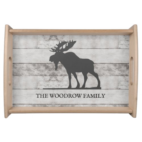 Rustic Moose Silhouette Gray Wood Family Name Serving Tray