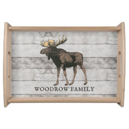 Rustic Moose Silhouette Gray Wood Family Name Serving Tray