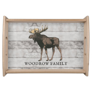 Rustic Moose Silhouette Gray Wood Family Name Serving Tray