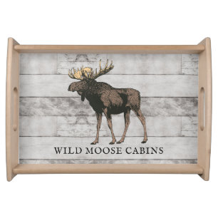 Rustic Moose Silhouette Gray Wood Serving Tray