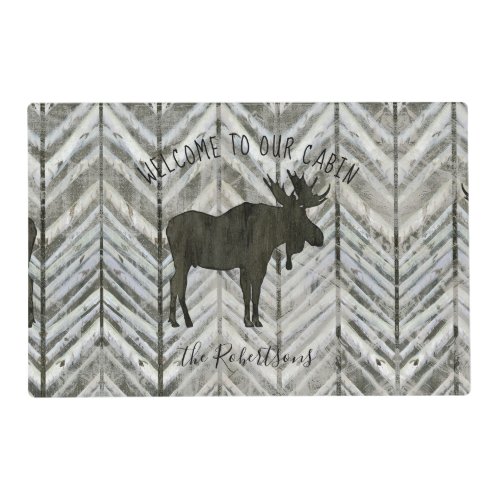 Rustic Moose Welcome to our Cabin Herringbone Wood Placemat