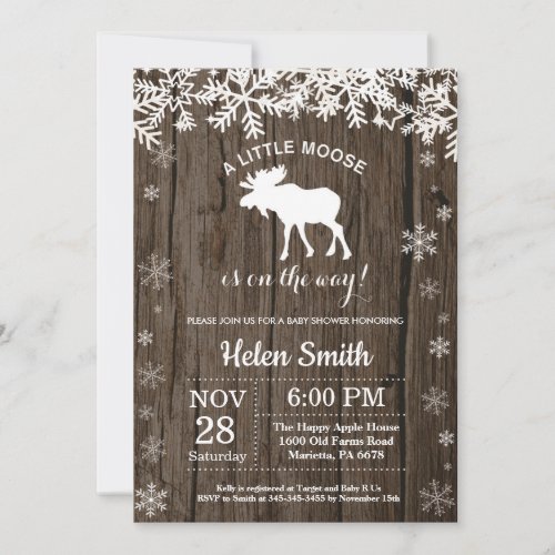 Rustic Moose Winter Snowflake Baby Shower Invitation