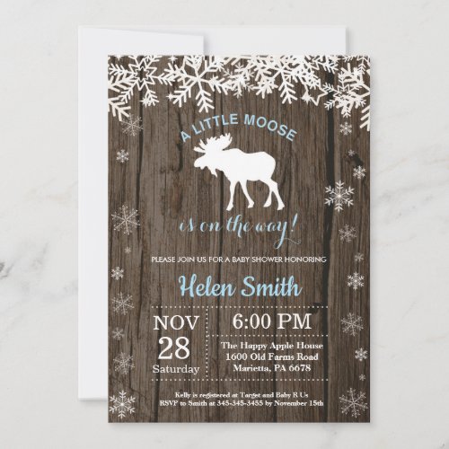 Rustic Moose Winter Snowflake Boy Baby Shower Invitation