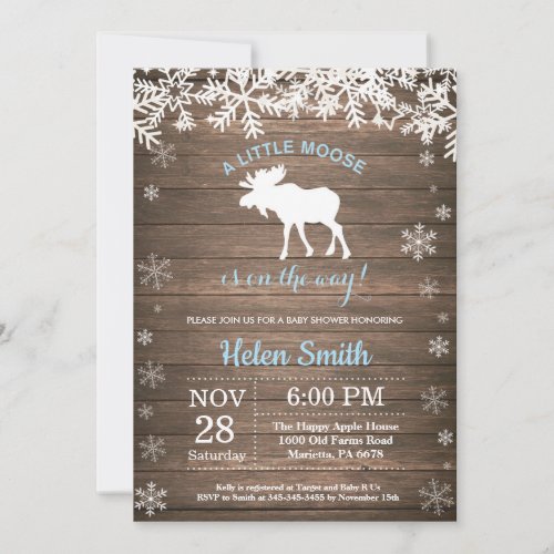 Rustic Moose Winter Snowflake Boy Baby Shower Invitation