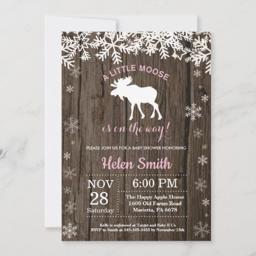 Rustic Moose Winter Snowflake Girl Baby Shower Invitation