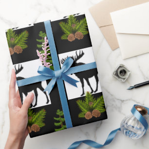 Rustic Moose with Pine Tree Branches Wrapping Paper