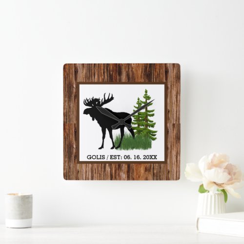 Rustic Moose with Wood Grain Trim Wall Clock