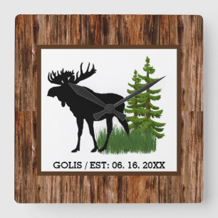 Rustic Moose with Wood Grain Trim Wall Clock