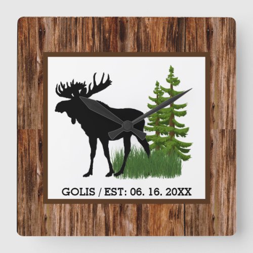 Rustic Moose with Wood Grain Trim Wall Clock