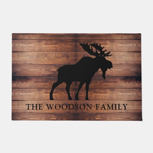 Rustic Moose Wood Personalized Family Name  Doormat (Front)