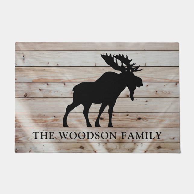 Rustic Moose Wood Personalized Family Name  Doormat (Front)