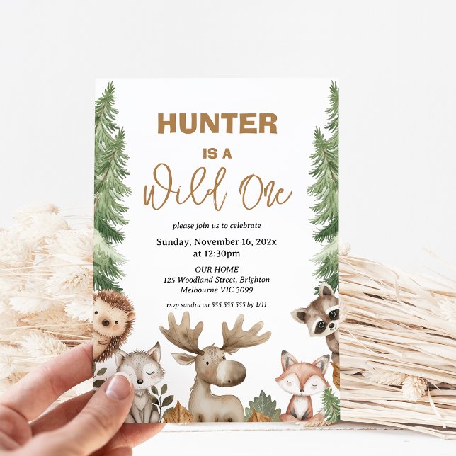 Rustic Moose Woodland Wild One 1st Birthday Invitation (Moose Woodland Wild One 1st Birthday Party Invitation, Woodland Wild One Birthday Invitation, Boy)