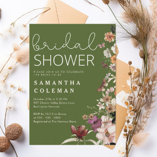Rustic Moss Green Boho Wildfolwer Bridal Shower Invitation