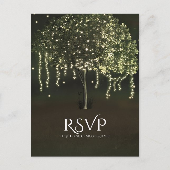 Rustic Mossy Lighted Tree Wedding RSVP Postcard (Front)