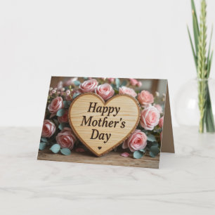 Rustic Mother’s Day Wooden Heart Sign with Pink Ro Note Card