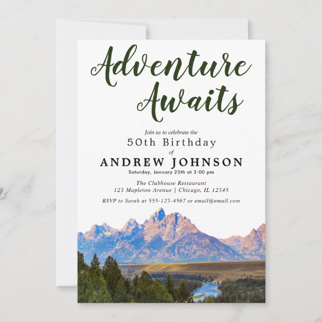 Rustic Mountain Adventure Awaits Birthday Party In Invitation (Front)