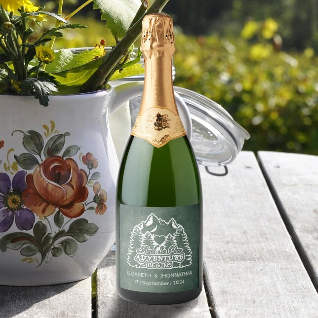 Rustic Mountain Adventure Green Chalkboard Wedding Sparkling Wine Label (Creator Uploaded)