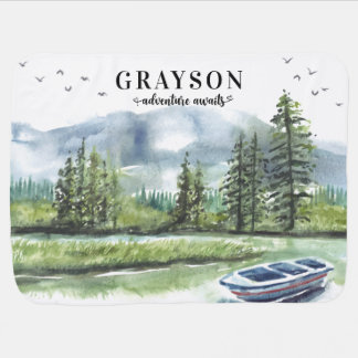 Rustic Mountain Adventure with Boat + Custom Name Baby Blanket