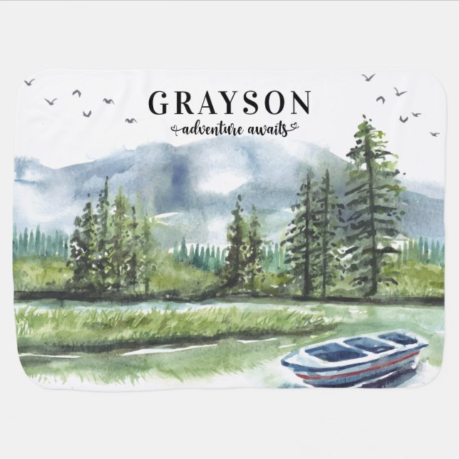 Rustic Mountain Adventure with Boat + Custom Name  Baby Blanket (Horizontal)