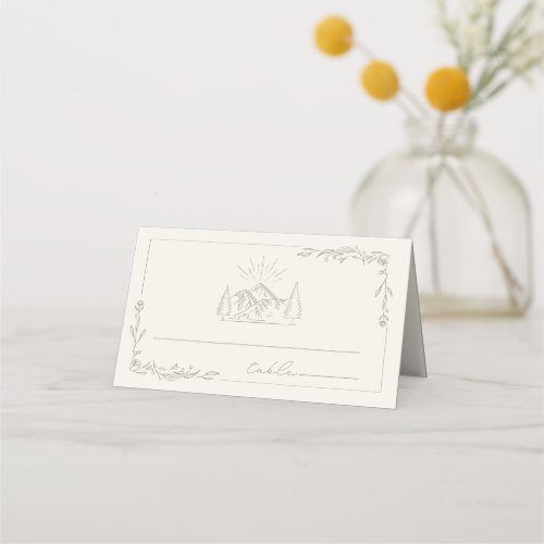 Rustic Mountain Amethyst Line Art Wedding Place Card